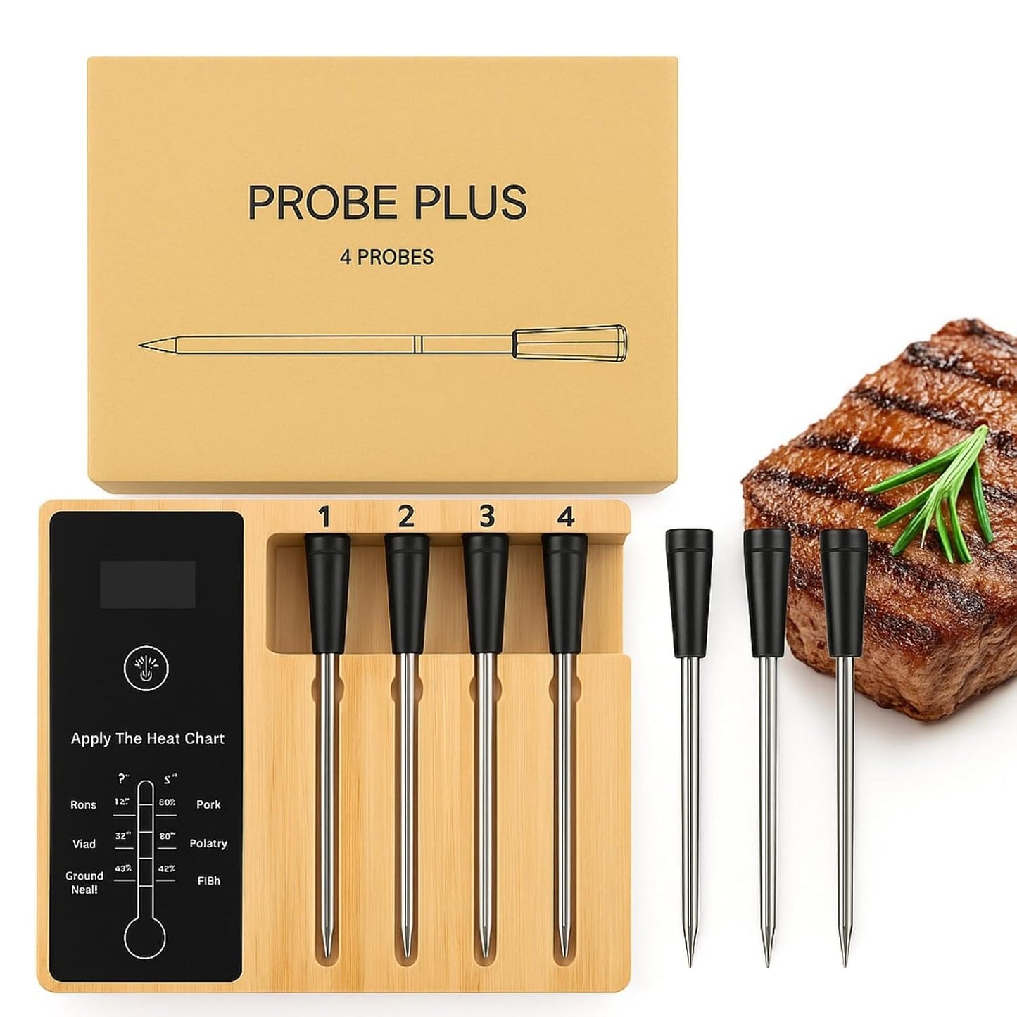 Wireless Bluetooth Meat Thermometer with 4 Probes - App Alerts & Long Range