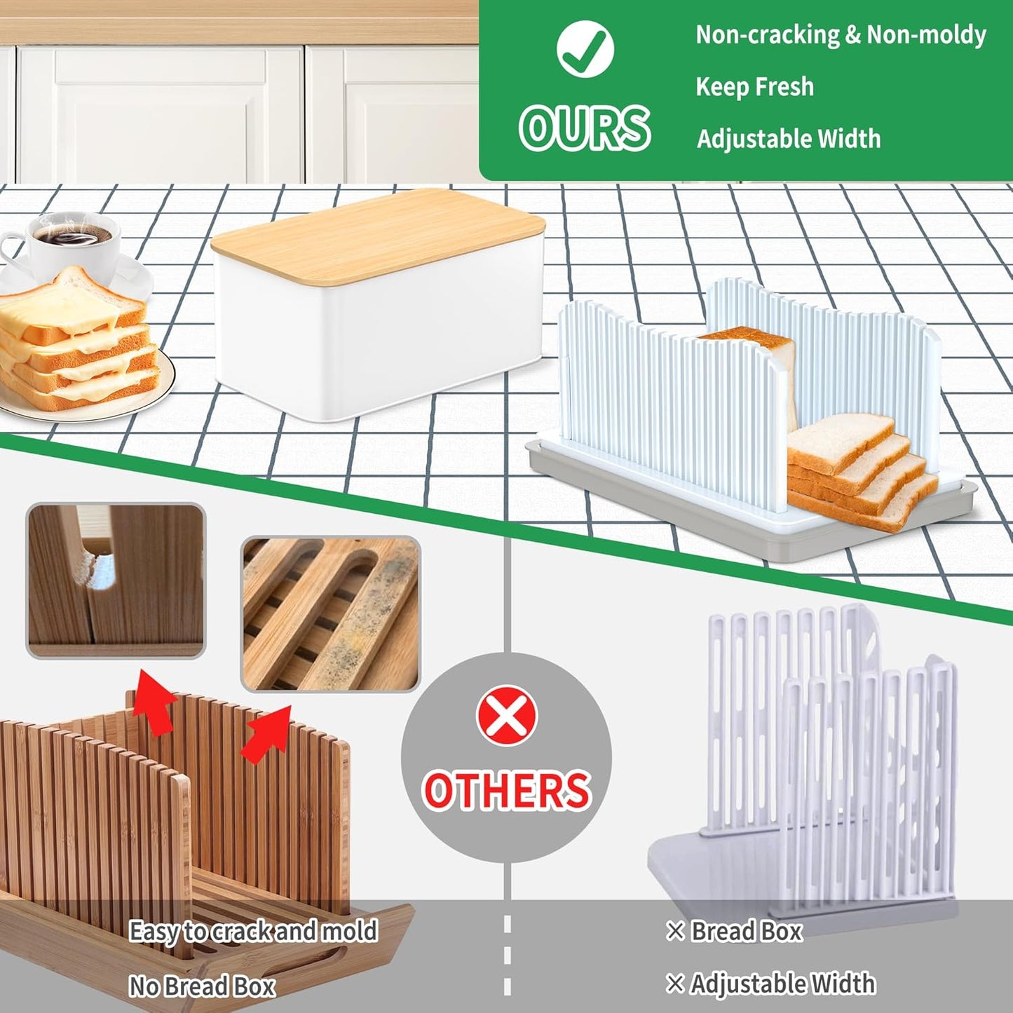 Foldable Bread Slicer with Crumb Tray & Storage Box - Adjustable Slicing Guide