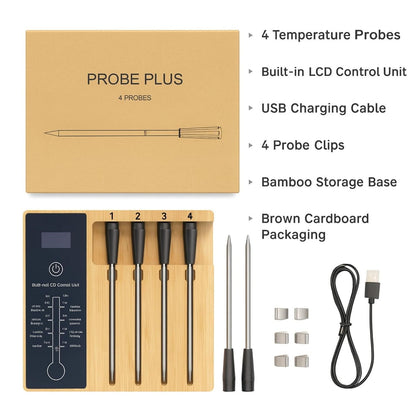 Wireless Bluetooth Meat Thermometer with 4 Probes - App Alerts & Long Range