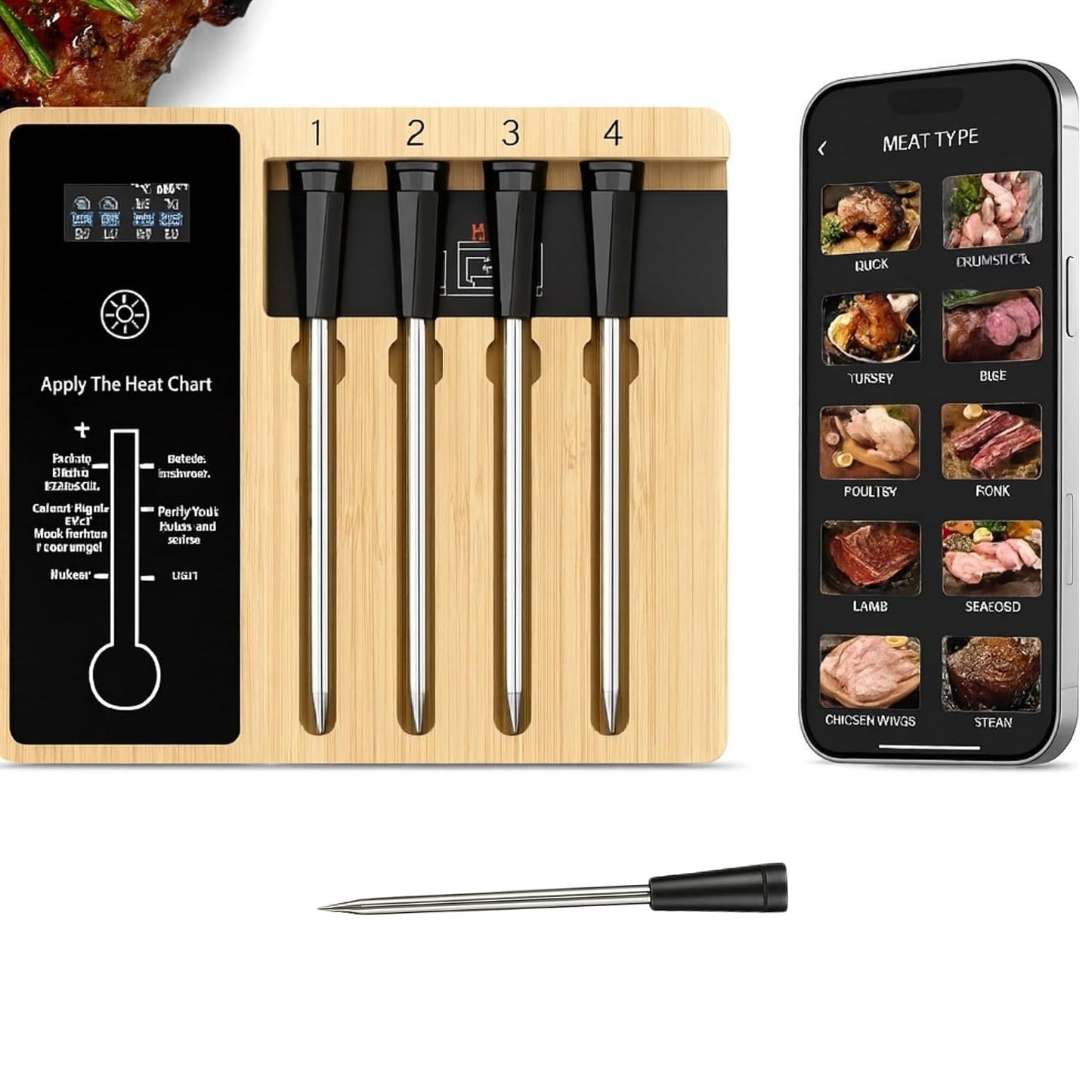Wireless Bluetooth Meat Thermometer with 4 Probes - App Alerts & Long Range