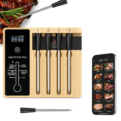 Wireless Bluetooth Meat Thermometer with 4 Probes - App Alerts & Long Range
