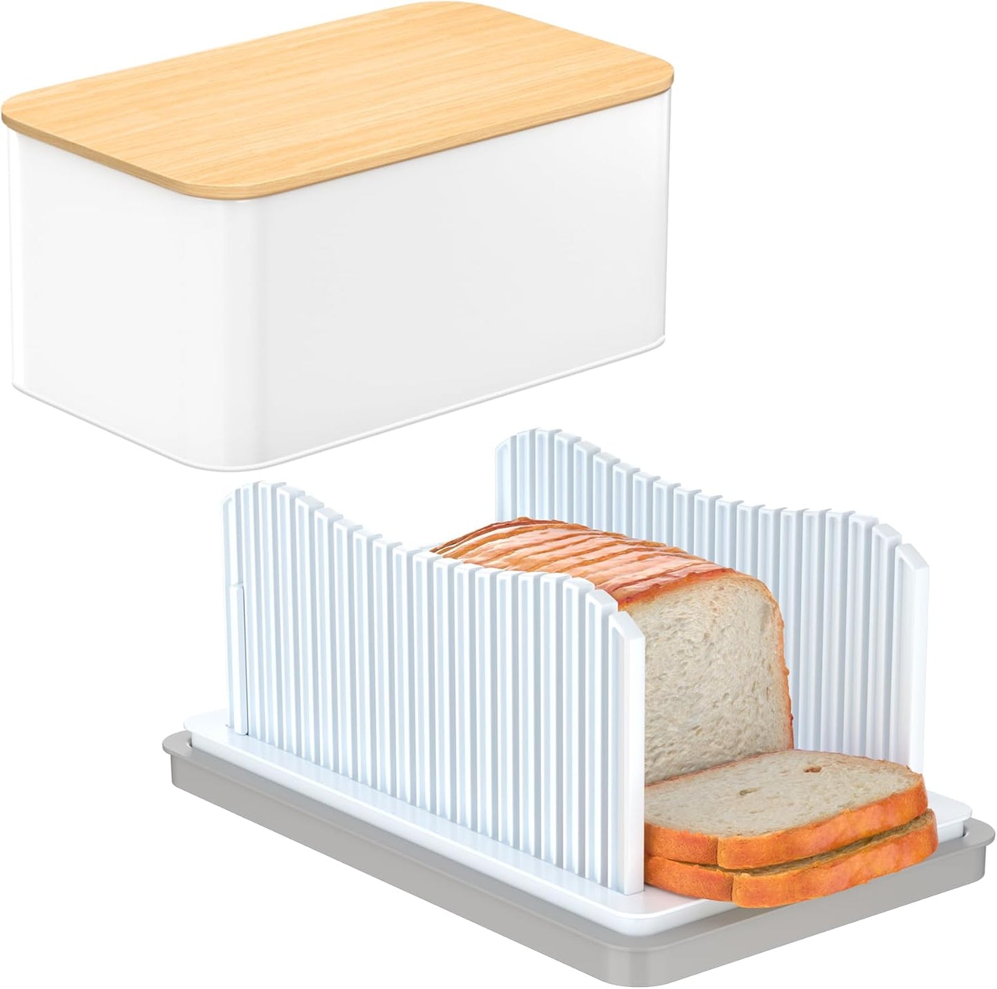 Foldable Bread Slicer with Crumb Tray & Storage Box - Adjustable Slicing Guide