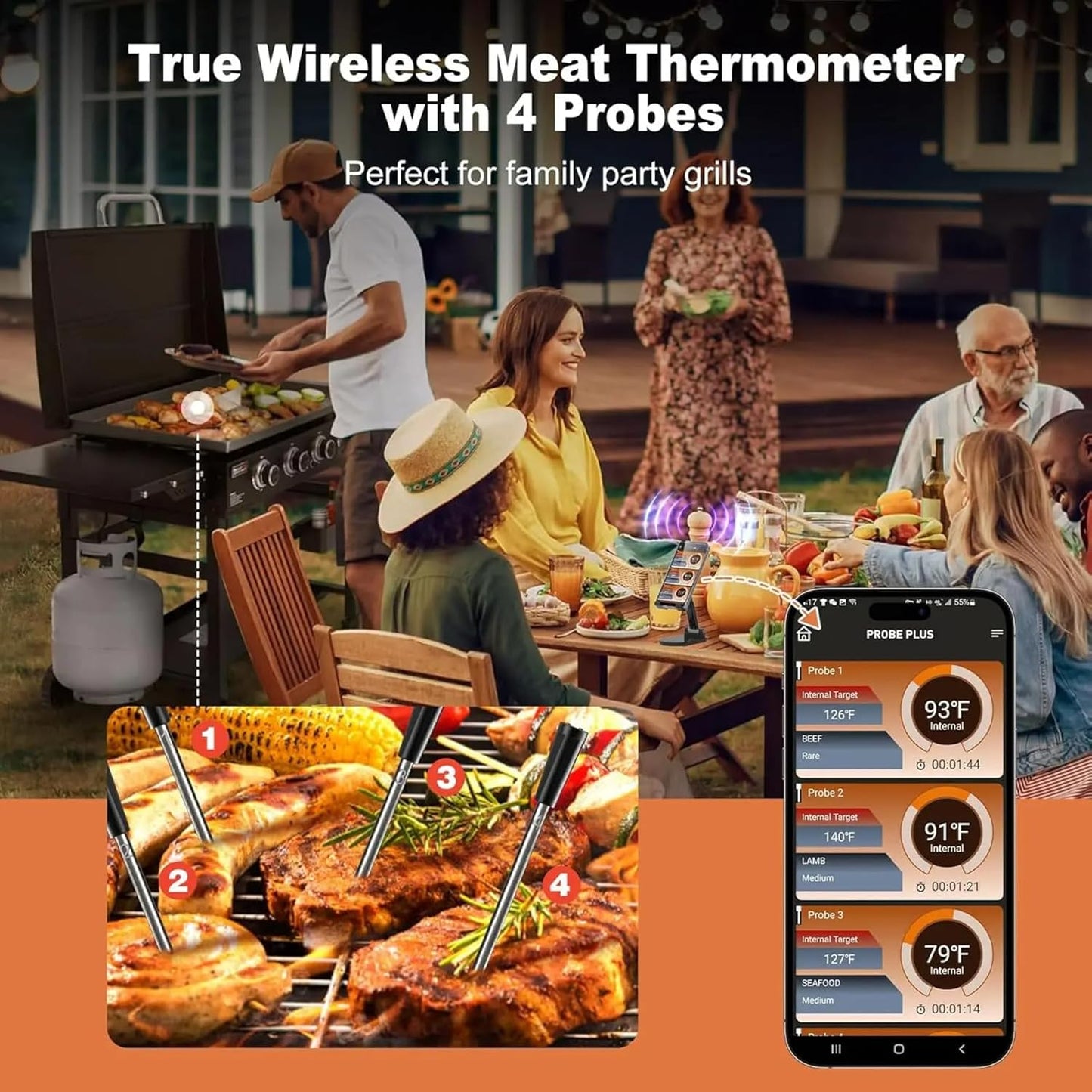 Wireless Bluetooth Meat Thermometer with 4 Probes - App Alerts & Long Range